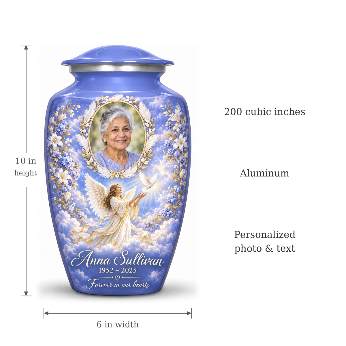 Blue angel urn size guide: adult height 10 inches, width 6 inches and capacity 200 cubic inches.