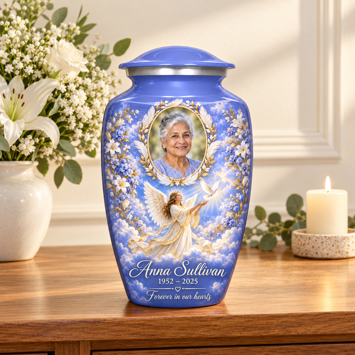 Blue adult urn with an angel releasing a dove and a feather and laurel sample portrait frame, displayed on a memorial console.