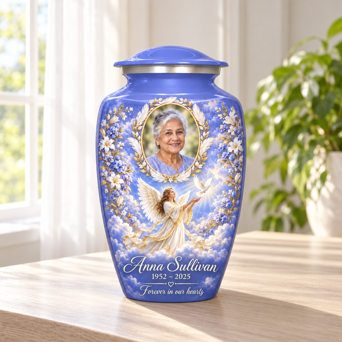 Blue adult urn with an angel releasing a dove and a feather and laurel sample portrait frame, arranged in a sunlit home.