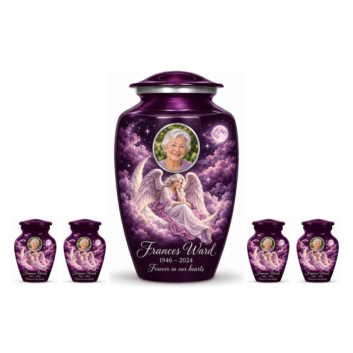 One purple adult angel urn and four matching keepsake urns with sample portraits and inscriptions on white.