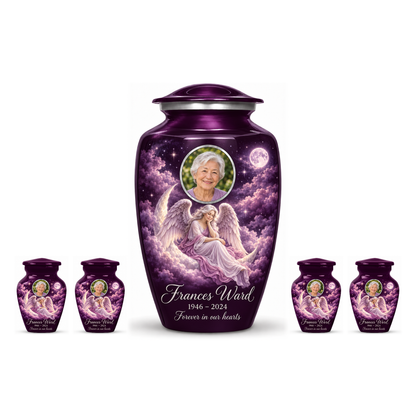 One purple adult angel urn and four matching keepsake urns with sample portraits and inscriptions on white.