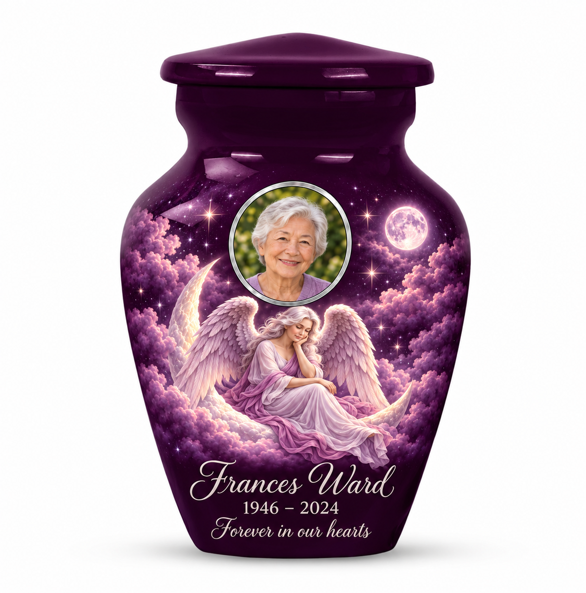 One purple angel keepsake urn with a seated angel on a crescent cloud, moonlit sky and an oval sample portrait frame and sample personalization.