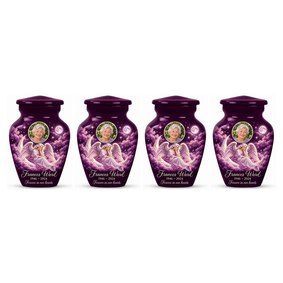 Four matching purple angel keepsake urns with sample portraits and inscriptions on white.