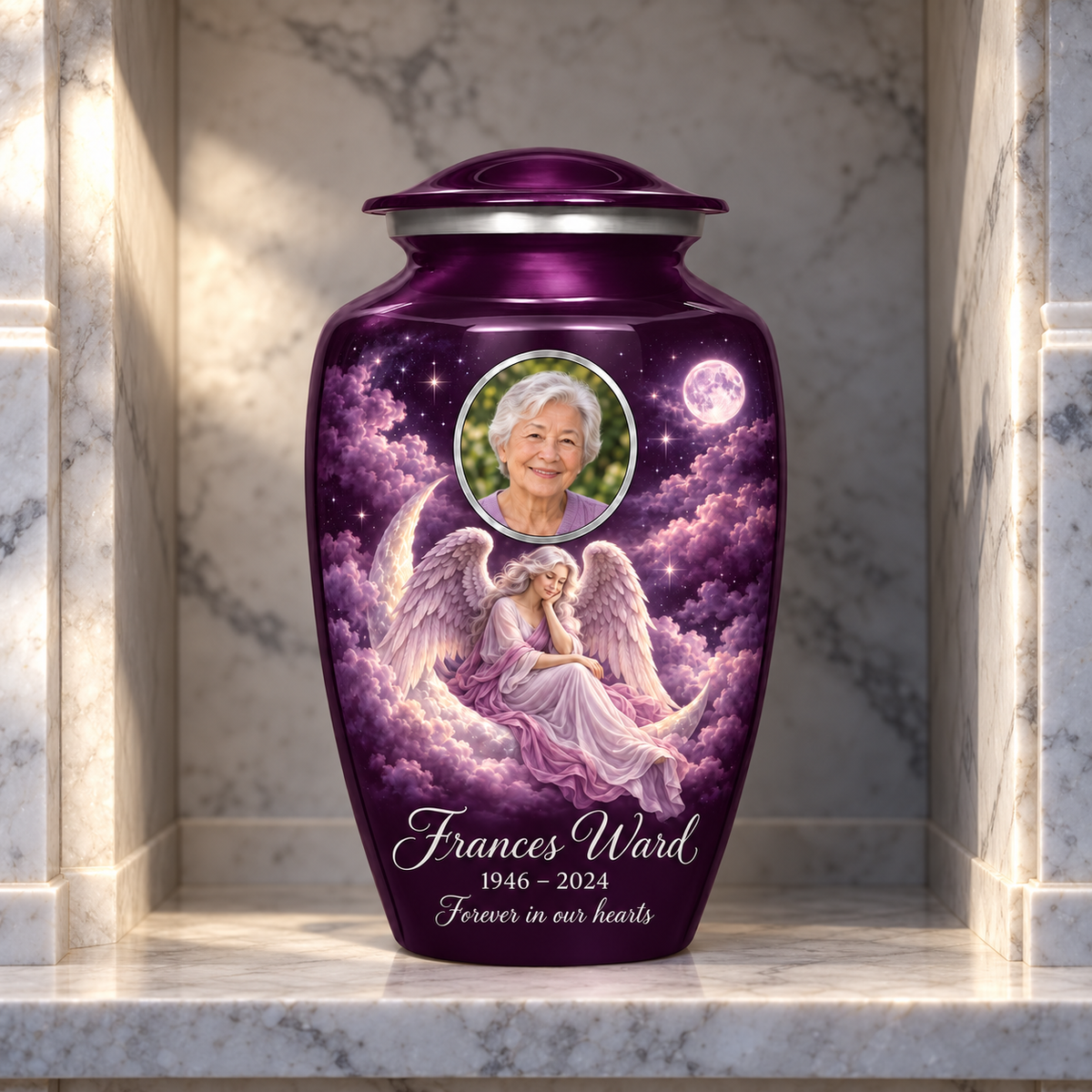 Purple adult urn with a seated angel on a crescent cloud, moonlit sky and an oval sample portrait frame, displayed in a columbarium niche.