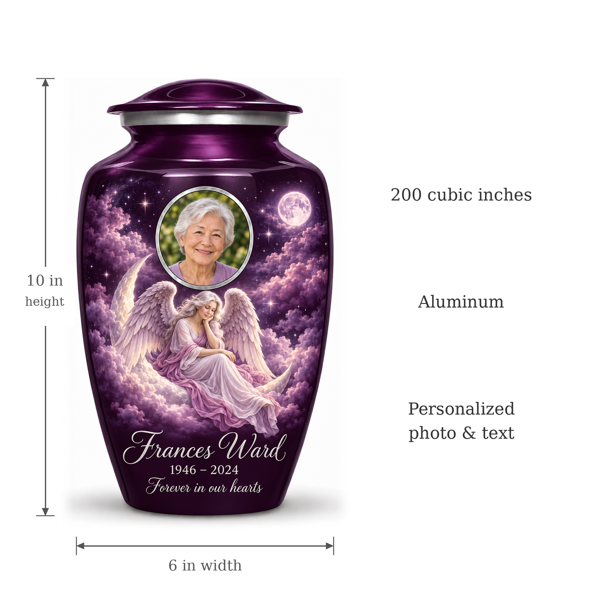 Purple angel urn size guide: adult height 10 inches, width 6 inches and capacity 200 cubic inches.