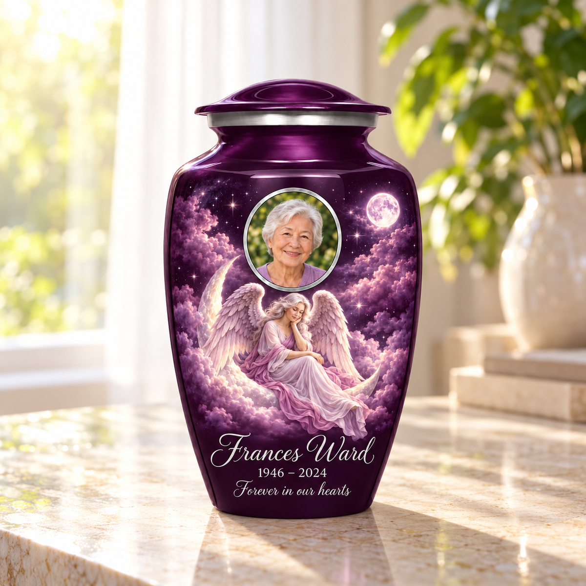 Purple adult urn with a seated angel on a crescent cloud, moonlit sky and an oval sample portrait frame, arranged in a sunlit home.