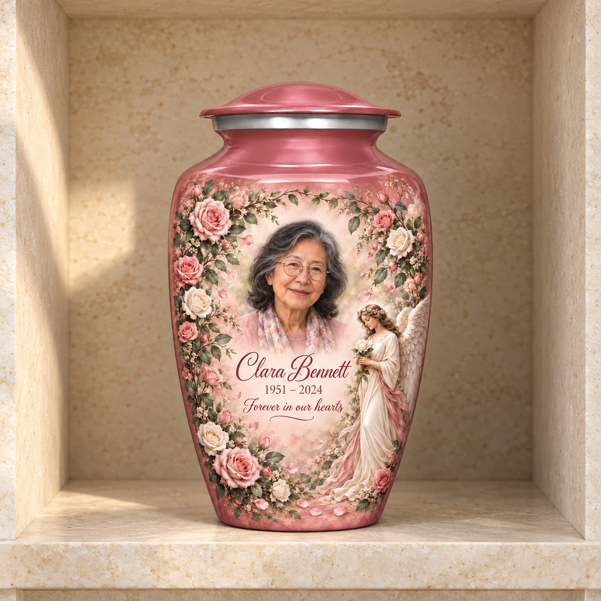 Pink adult angel urn with an angel holding a white rose amid pink flowers displayed in a columbarium niche.