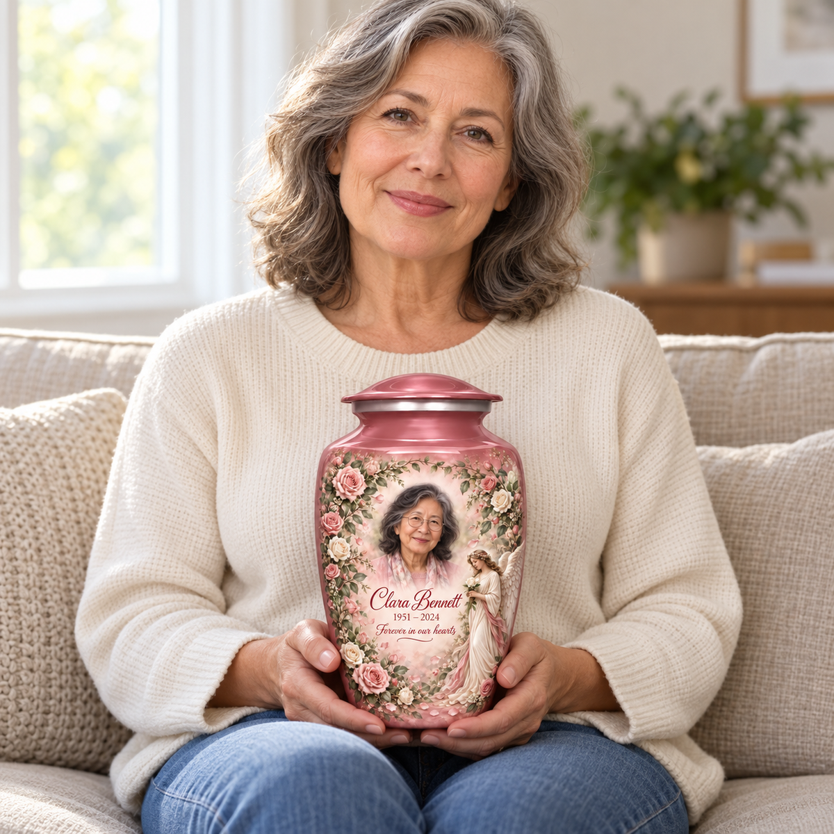 A seated person holding the pink angel urn with an angel holding a white rose amid pink flowers on their lap.