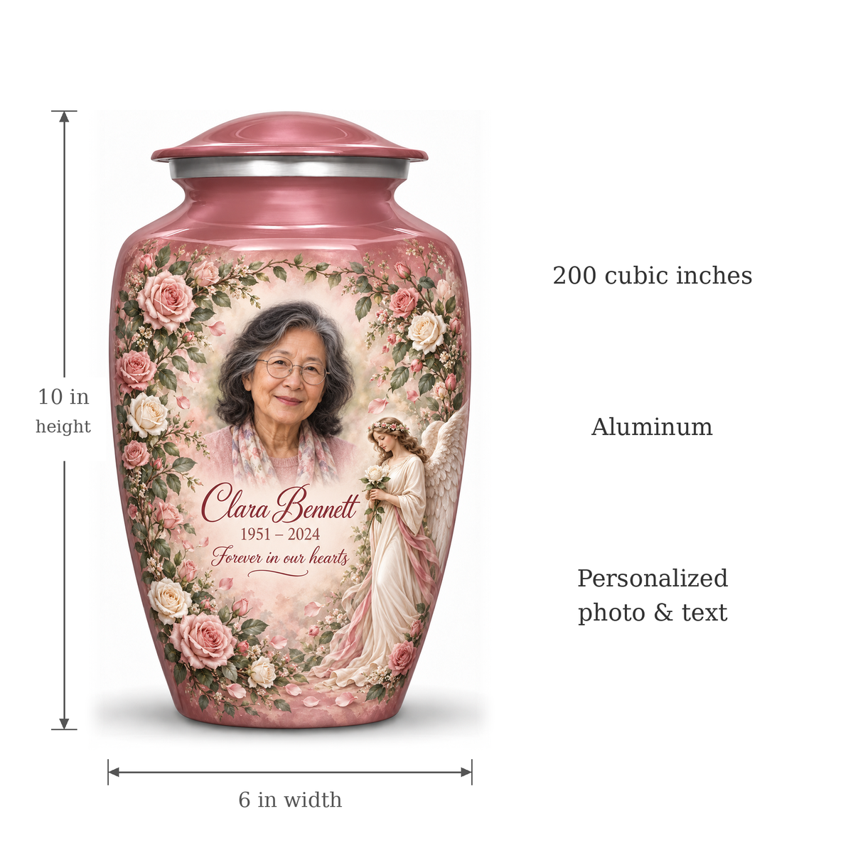 Pink angel urn size guide: adult height 10 inches, width 6 inches and capacity 200 cubic inches.