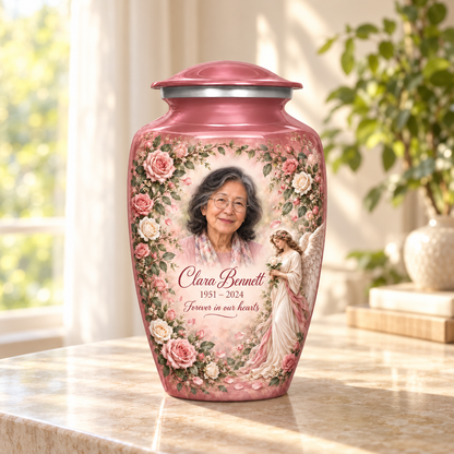 Pink adult angel urn with an angel holding a white rose amid pink flowers in a sunlit home.