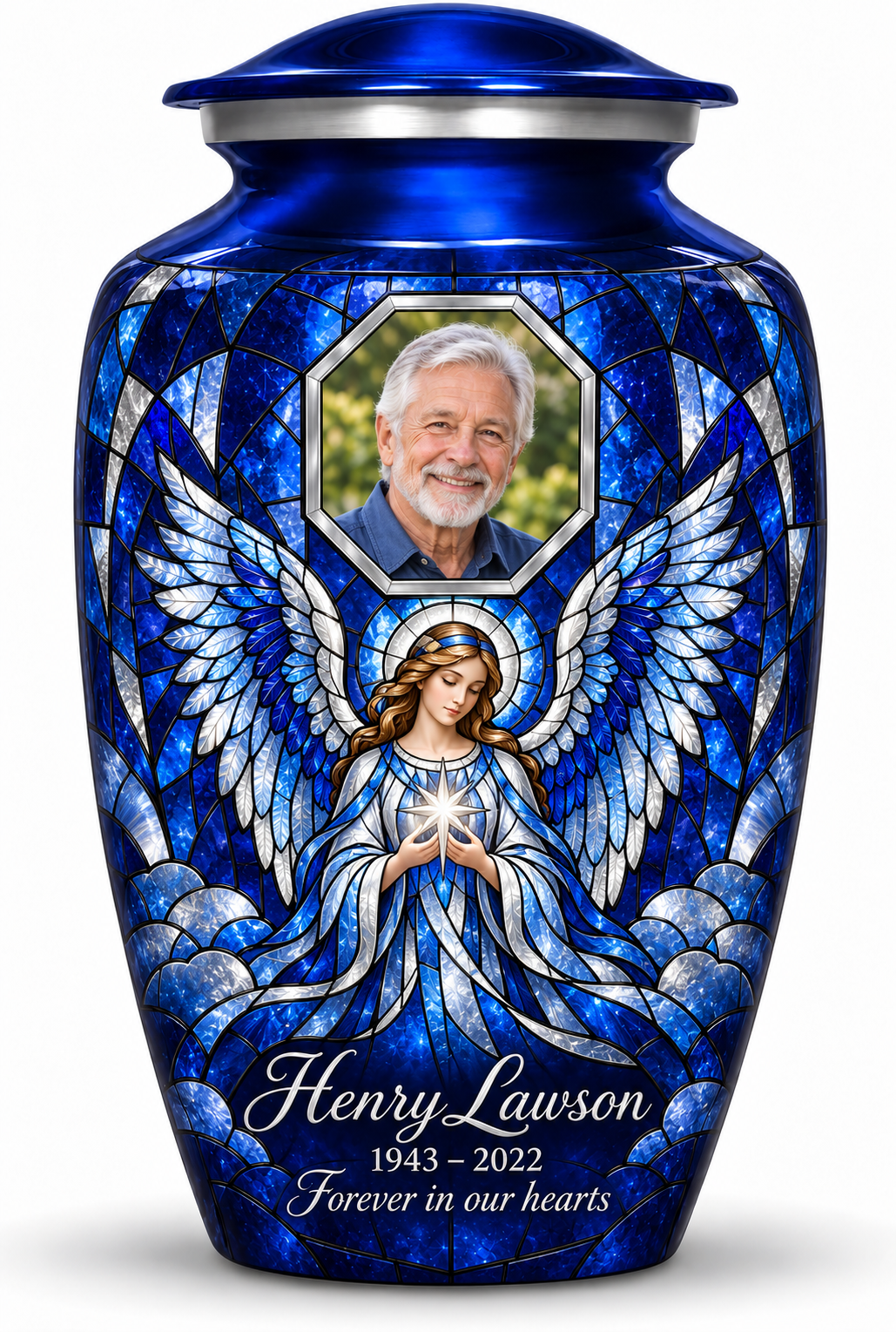 Blue adult urn with a star holding angel in mosaic inspired artwork and a geometric sample portrait frame, name, dates and tribute.