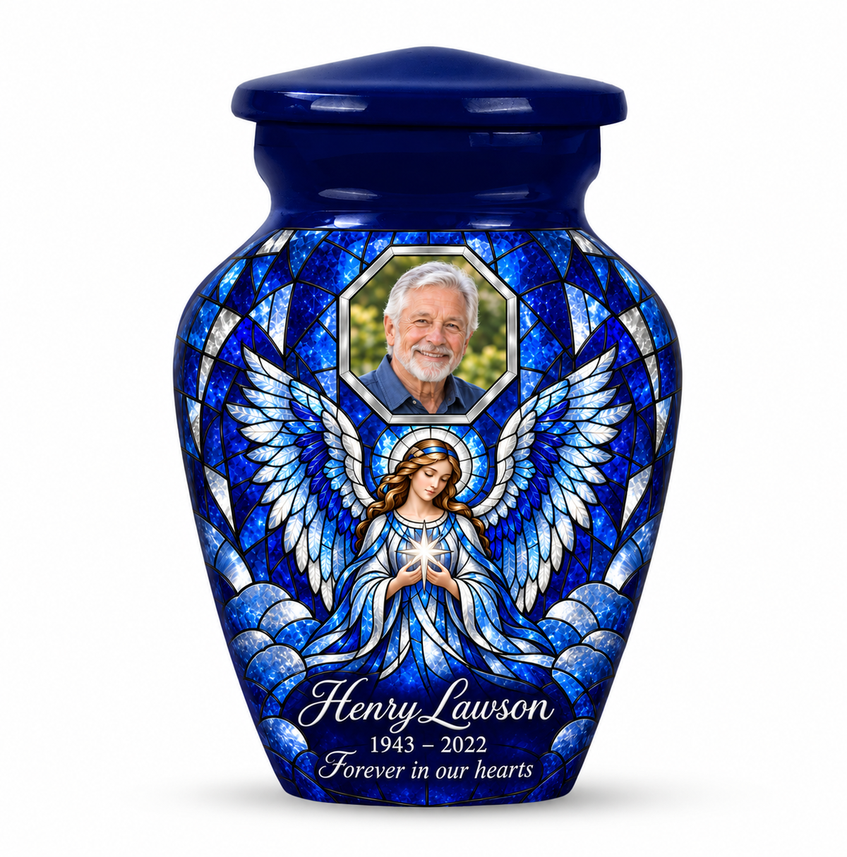 One blue angel keepsake urn with a star holding angel in mosaic inspired artwork and a geometric sample portrait frame and sample name and dates.