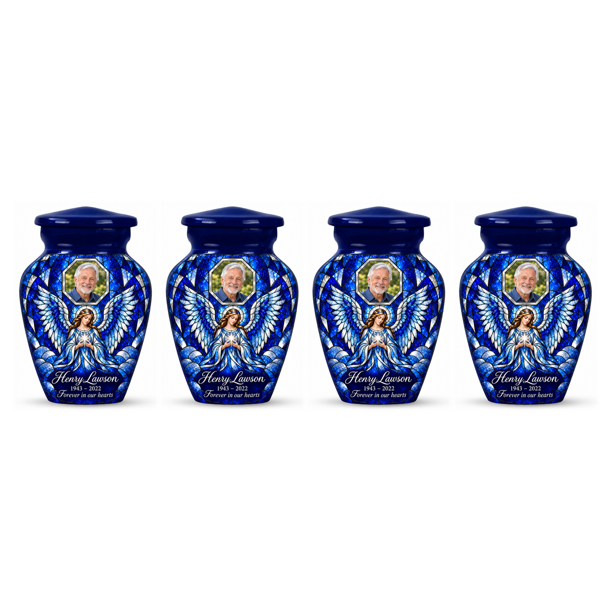 Four matching blue angel keepsake urns with sample photo personalization on a white background.