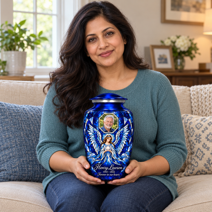 A seated person holding the blue angel urn with a star holding angel in mosaic inspired artwork and a geometric sample portrait frame on their lap.