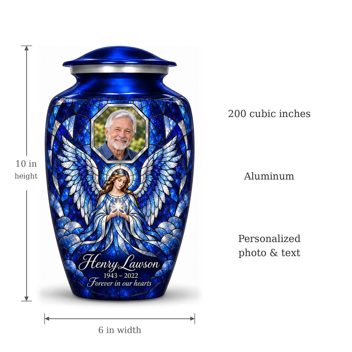 Blue angel urn size guide showing adult height 10 inches, width 6 inches and capacity 200 cubic inches.