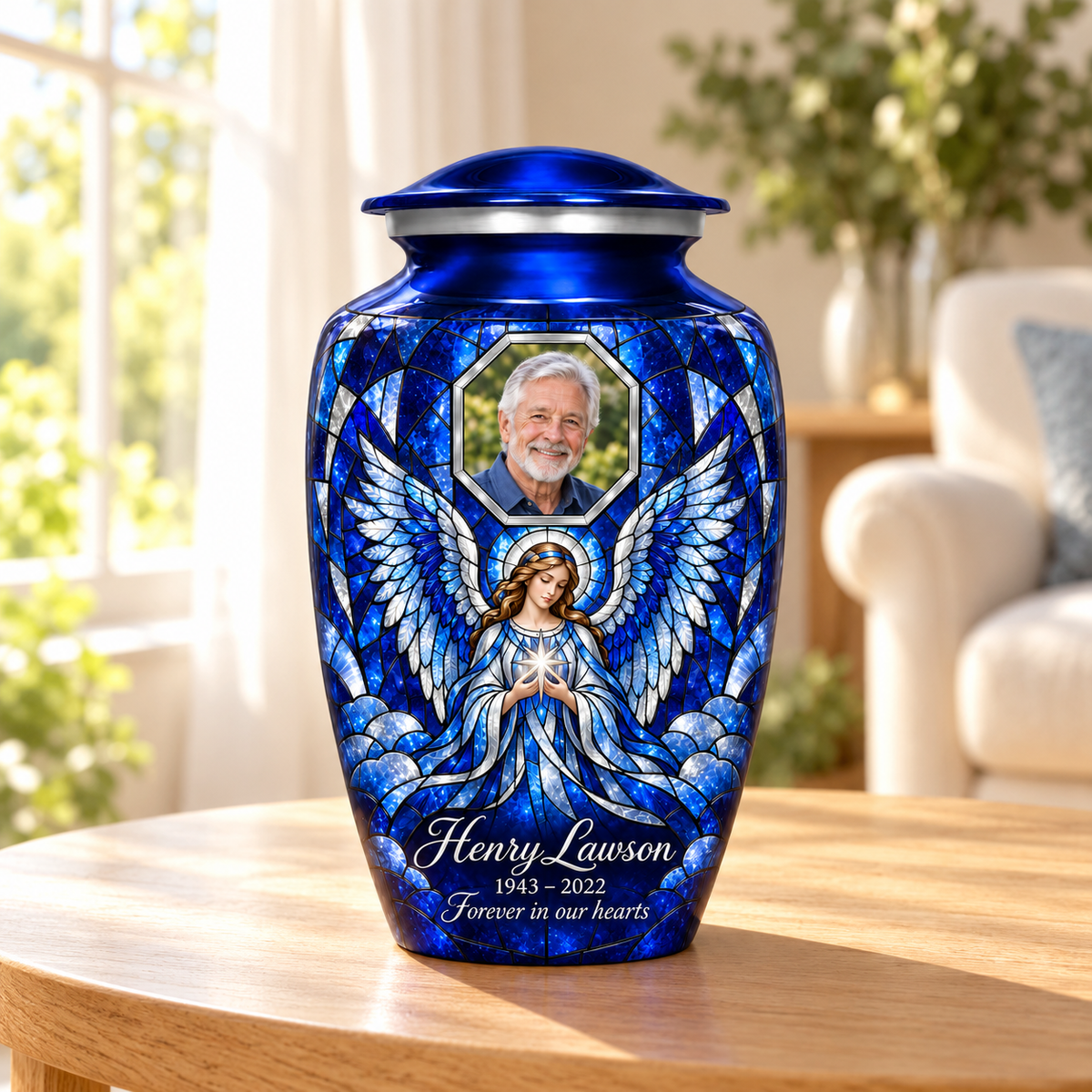Blue adult urn with a star holding angel in mosaic inspired artwork and a geometric sample portrait frame, displayed in a sunlit home.
