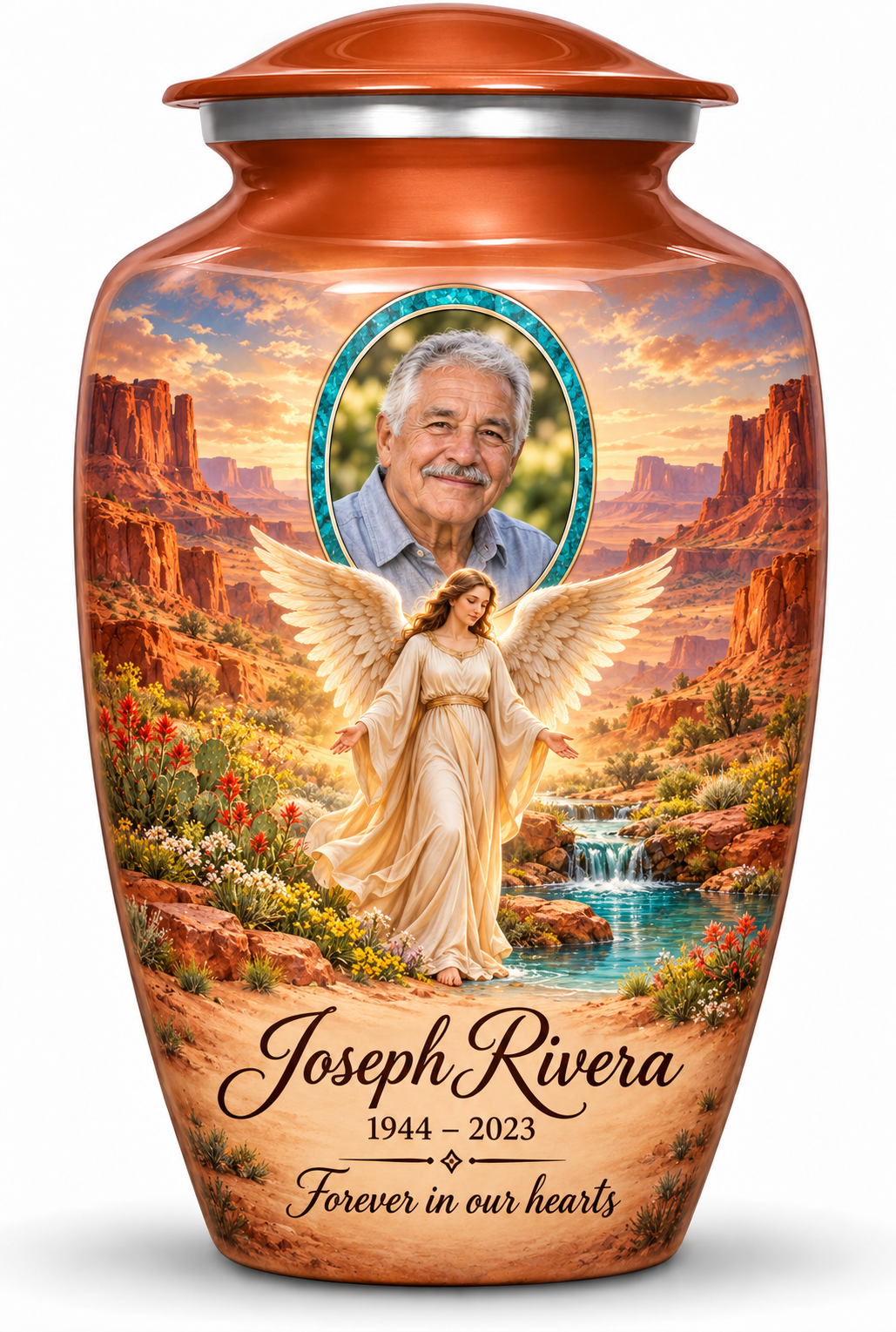 Orange adult urn with an angel beside a desert spring, distant mesas and a turquoise sample portrait frame, sample name, dates and tribute.