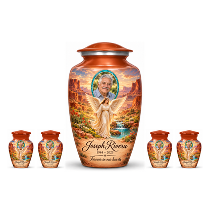 One orange adult angel urn and four matching keepsake urns with sample portraits and inscriptions on white.