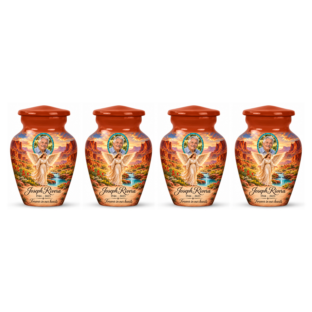 Four matching orange angel keepsake urns with sample portraits and inscriptions on white.