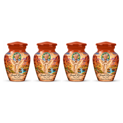 Four matching orange angel keepsake urns with sample portraits and inscriptions on white.