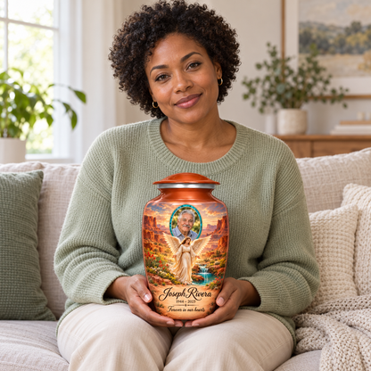 A seated person holding the orange angel urn with an angel beside a desert spring, distant mesas and a turquoise sample portrait frame on their lap.
