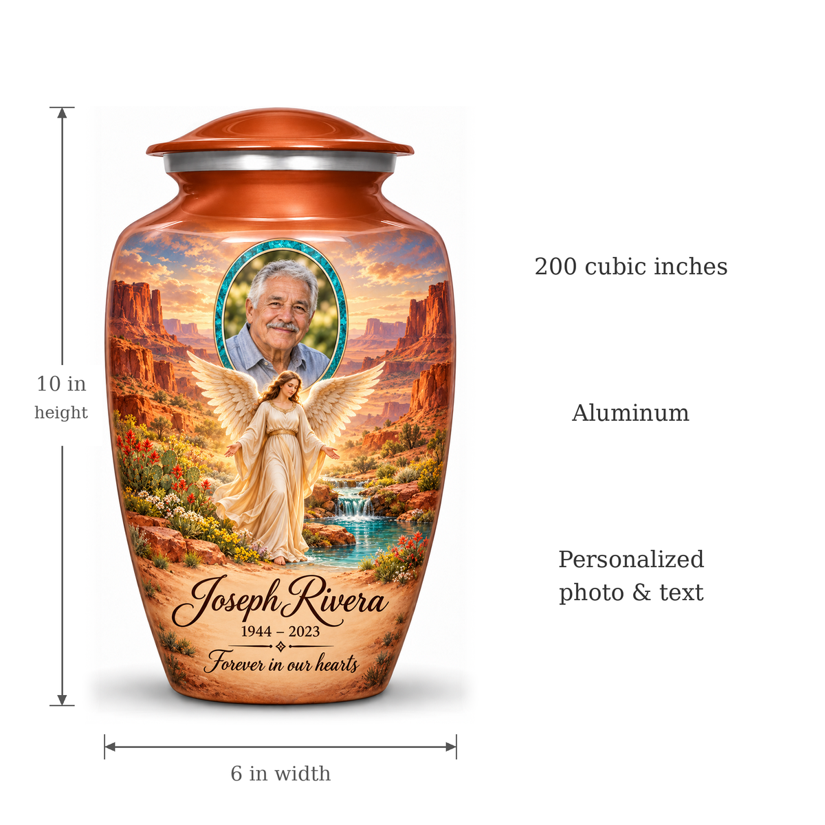 Orange angel urn size guide: adult height 10 inches, width 6 inches and capacity 200 cubic inches.