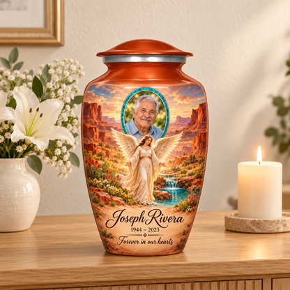 Orange adult urn with an angel beside a desert spring, distant mesas and a turquoise sample portrait frame, displayed on a memorial console.