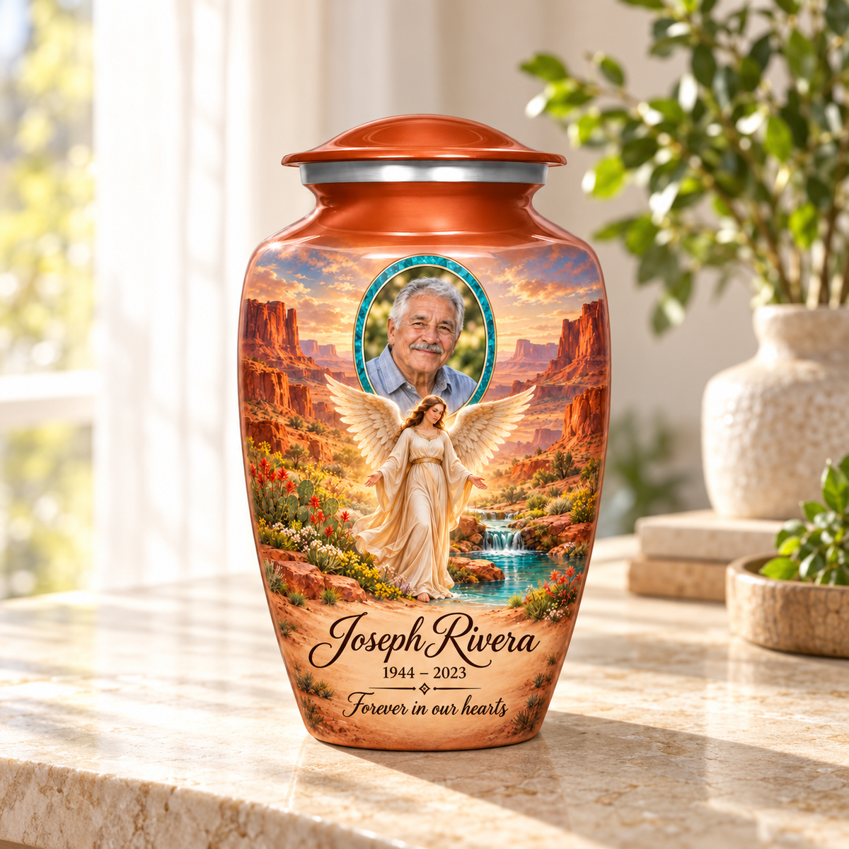 Orange adult urn with an angel beside a desert spring, distant mesas and a turquoise sample portrait frame, arranged in a sunlit home.
