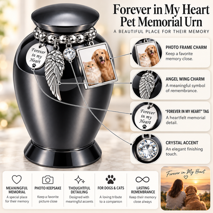 Black Pet Memorial Urn for Ashes with Photo Frame & Angel Wing Charm