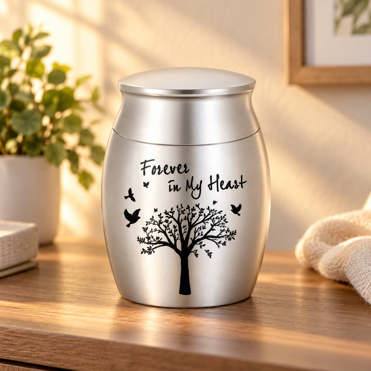 Silver-Tone Tree and Birds Cremation Urn for Ashes | Forever in My Heart