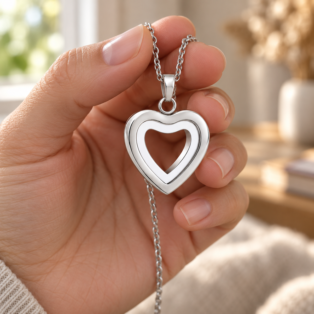 Silver Open Heart Memorial Necklace | Double Heart Keepsake Pendant