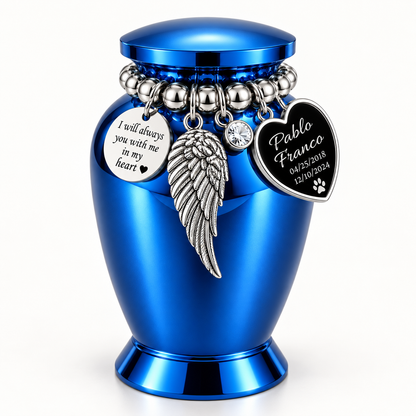 Blue Cremation Urn for Pet Ashes with Silver-Tone Charms