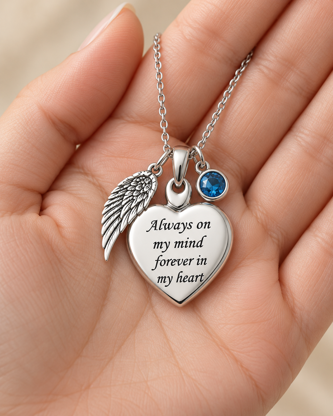 Angel Wing Heart Memorial Necklace with Blue Birthstone