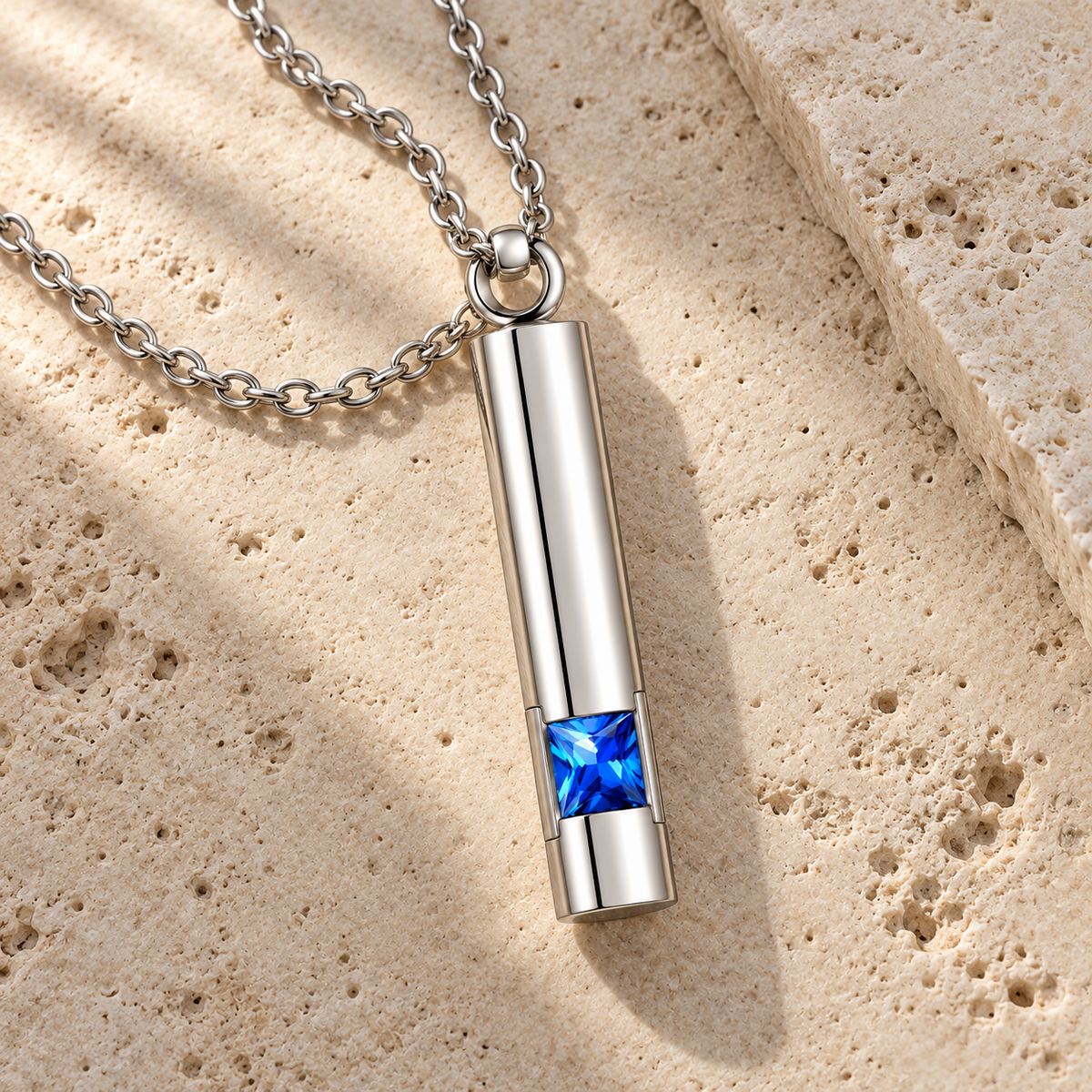 Silver-Tone Cylinder Urn Necklace for Ashes with Blue Stone