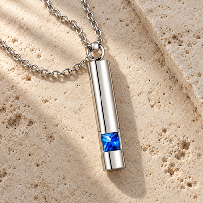 Silver-Tone Cylinder Urn Necklace for Ashes with Blue Stone