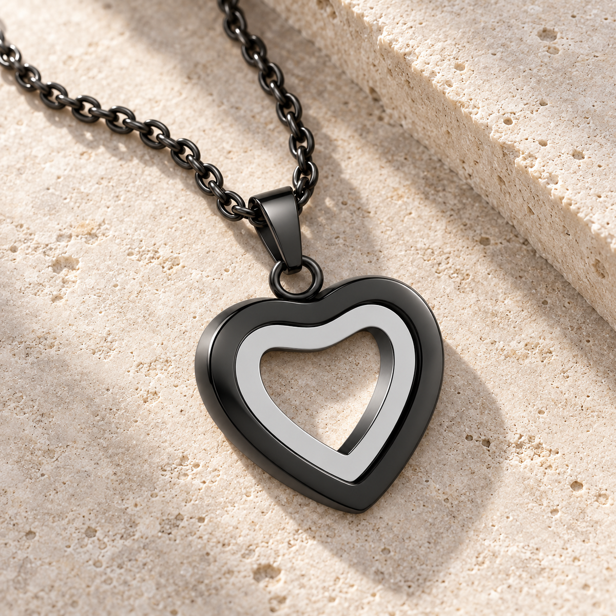 Black & Silver Open Heart Necklace | Double Heart Memorial Pendant