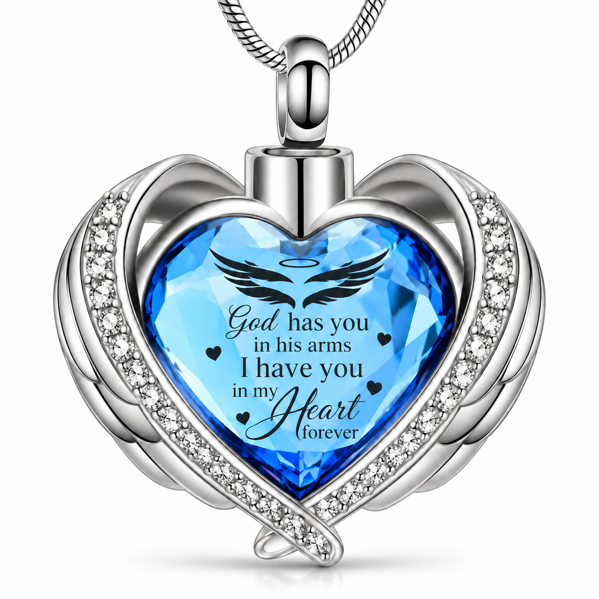 Blue Heart Angel Wings Memorial Necklace | Forever in My Heart Pendant