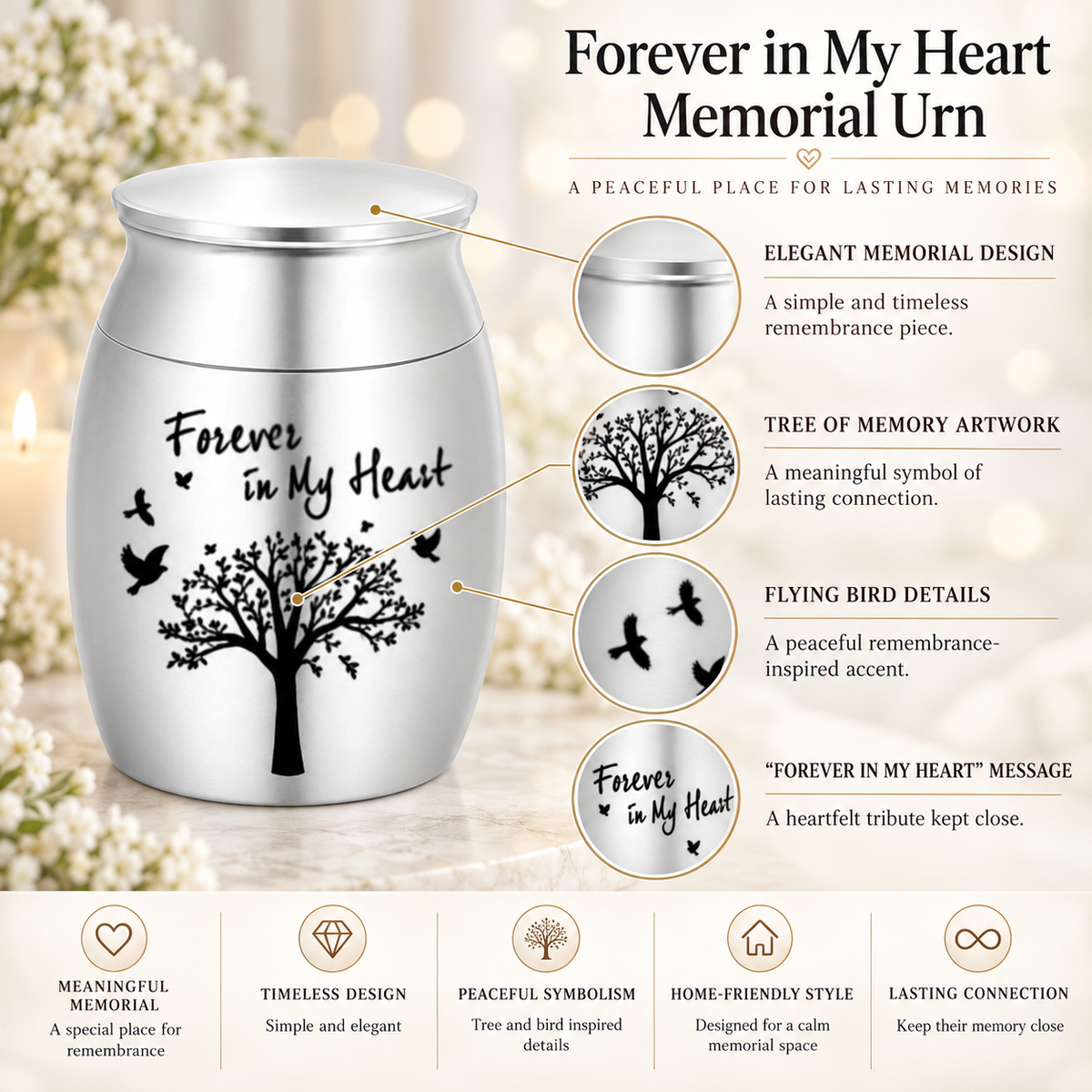 Silver-Tone Tree and Birds Cremation Urn for Ashes | Forever in My Heart