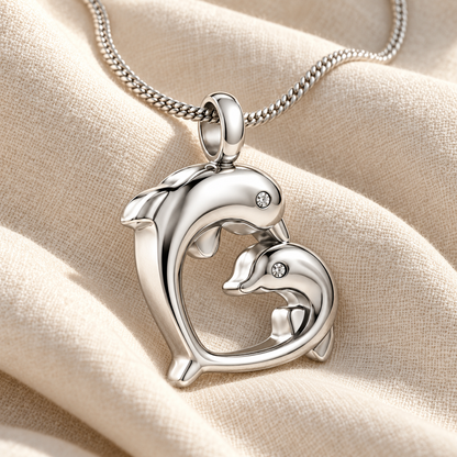 Silver Dolphin Heart Necklace with Crystal Eyes