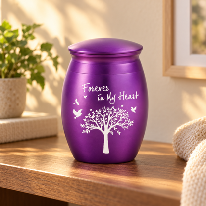 Purple Cremation Urn for Ashes with White Tree & Birds | Forever in My Heart