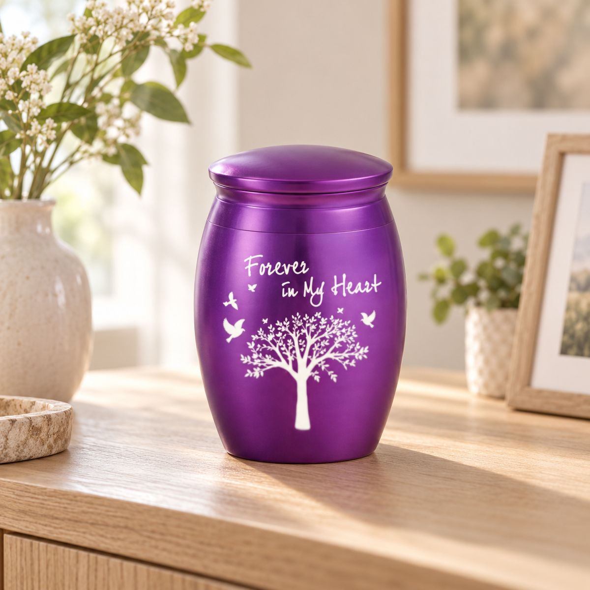 Purple Cremation Urn for Ashes with White Tree & Birds | Forever in My Heart