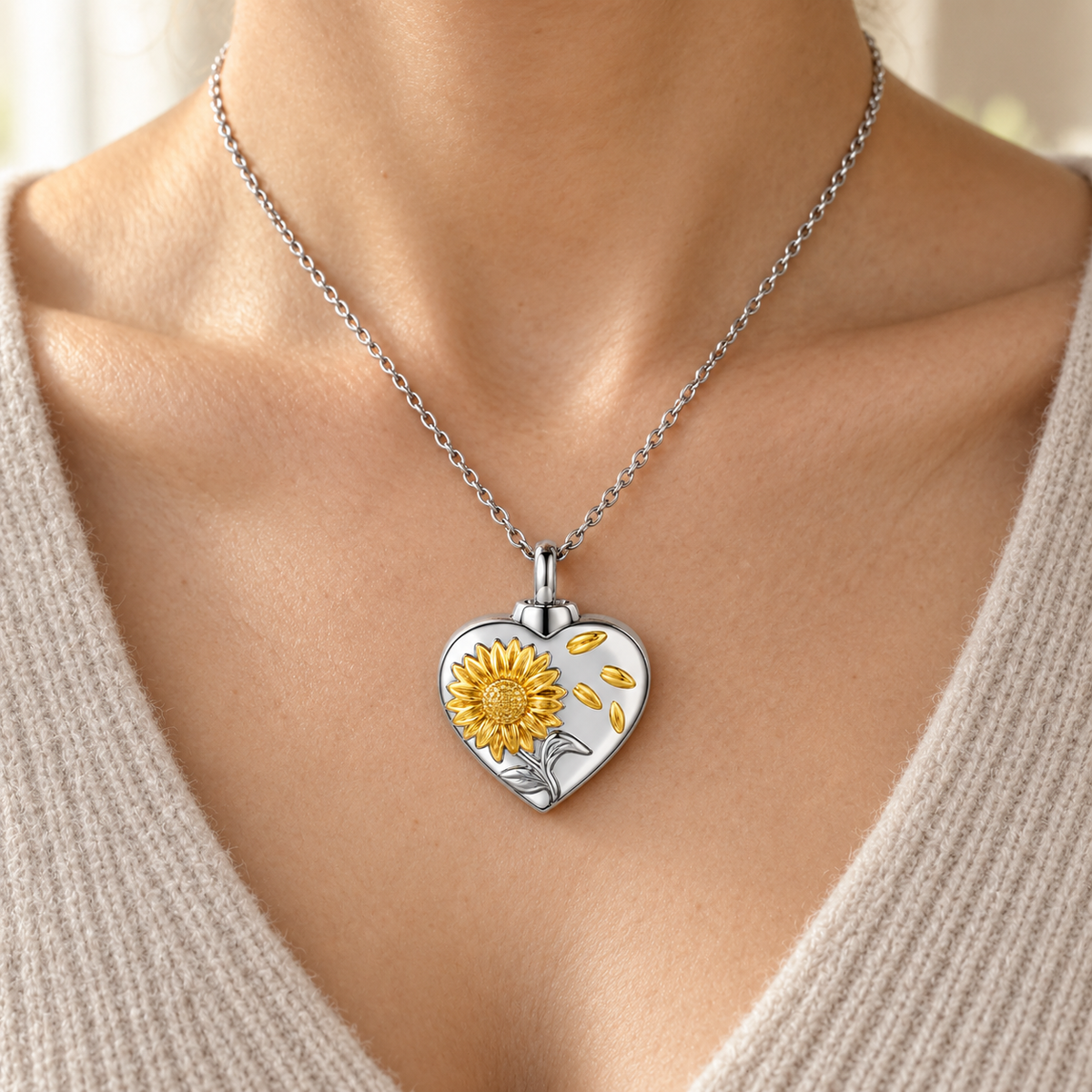 Sunflower Heart Memorial Necklace | Silver & Gold Keepsake Pendant