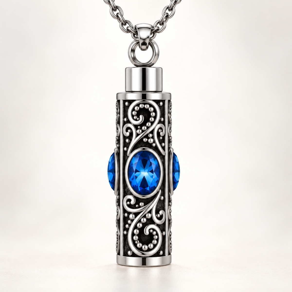 Cremation Necklace for Ashes with Oval Blue Stones and Silver-Tone Scrollwork