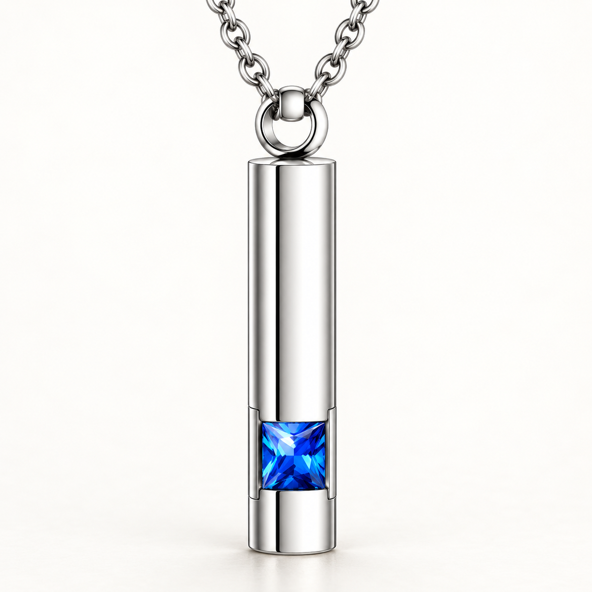 Silver-Tone Cylinder Urn Necklace for Ashes with Blue Stone