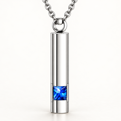 Silver-Tone Cylinder Urn Necklace for Ashes with Blue Stone