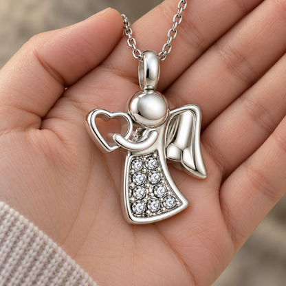 Angel of Love Memorial Necklace | Silver Heart Crystal Pendant