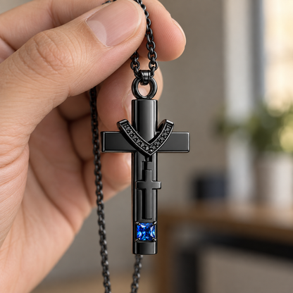Black Cross Memorial Necklace with Blue Crystal | Faith Keepsake Pendant