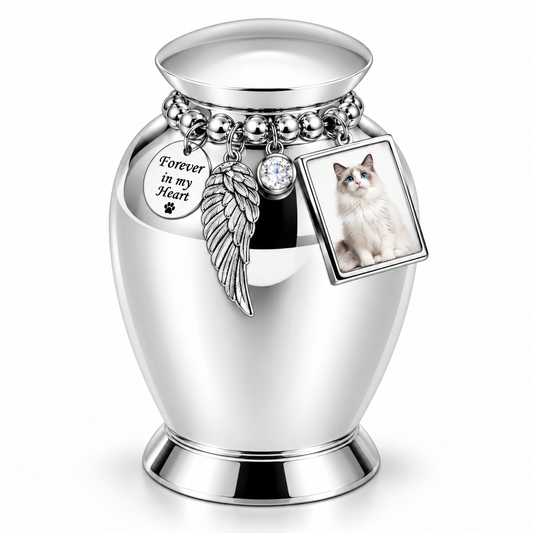 Silver Pet Memorial Urn for Ashes with Photo Frame & Angel Wing Charm