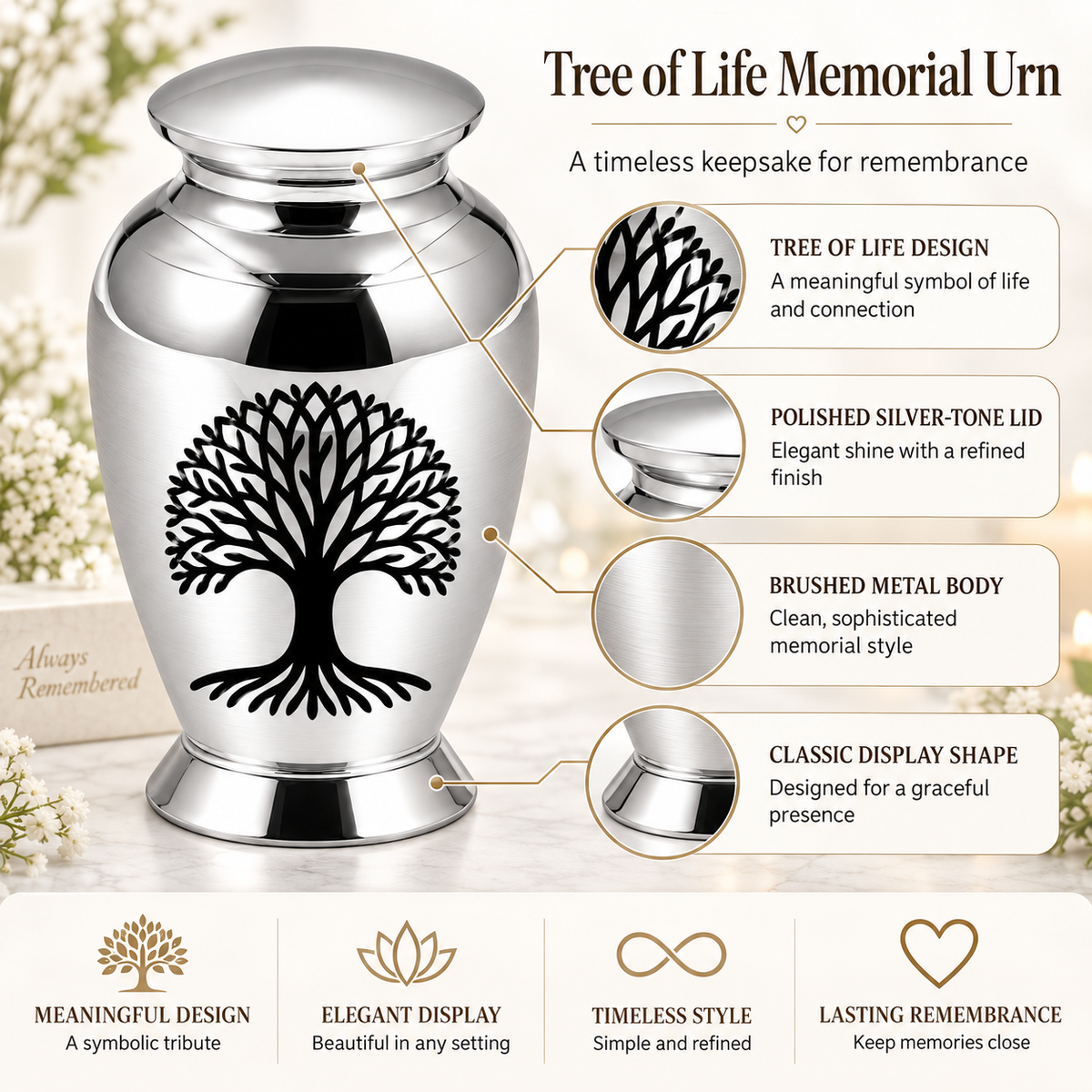 Silver-Tone Tree of Life Cremation Urn for Ashes