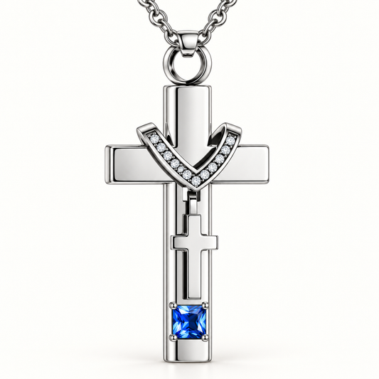 Cross Necklace for Ashes with Blue and Clear Stones